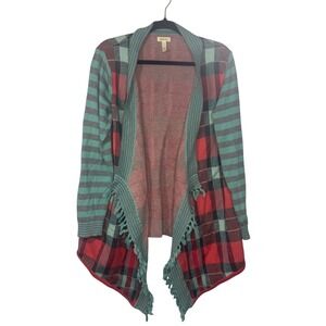 Matilda Jane Steadfast Open Cardigan Plaid Stripe Fringe Trim Knit Sweater Sz L